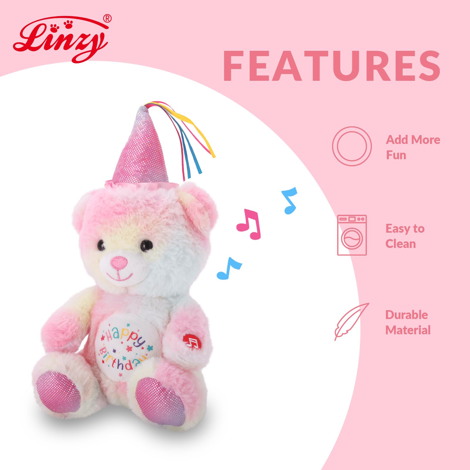 Linzy 8.5” Light Up Bear Stuffed Animal with Party Hat & Cupcake, Soft Musical Plush Toy with Magic LED Lights, Glowing Cute Plushie Teddy Bear