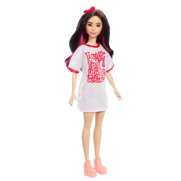 Barbie Fashionistas Doll #214, Black Wavy Hair with Twist ‘n’ Turn Dress & Accessories, 65th Anniversary Collectible Toy