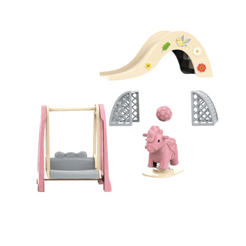 OLEOCA Family Dollhouse Accessories - Mini Playground Set with Swing & Slide, Rocking Horse, Soccer Goals, Screen-Free Add-On - Miniature Dollhouse