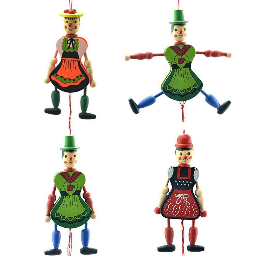 Pull String Puppet Toy 4 Pieces, Creative Puppet Toy Funny Wooden Toy Ornament Hanging Children Birthdays Gift