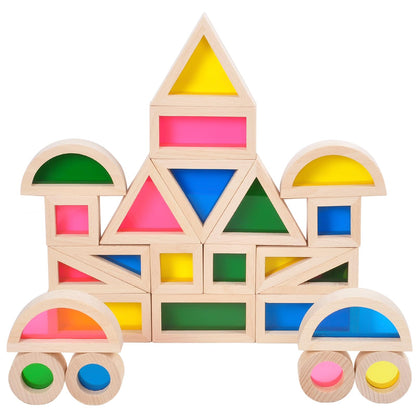 Gray Orange Wood Building Blocks Set 24pcs, Wooden Blocks for Toddlers, Rainbow Sensory Toys, Educational Toys, Preschool Wooden Stacking Toy for Kids