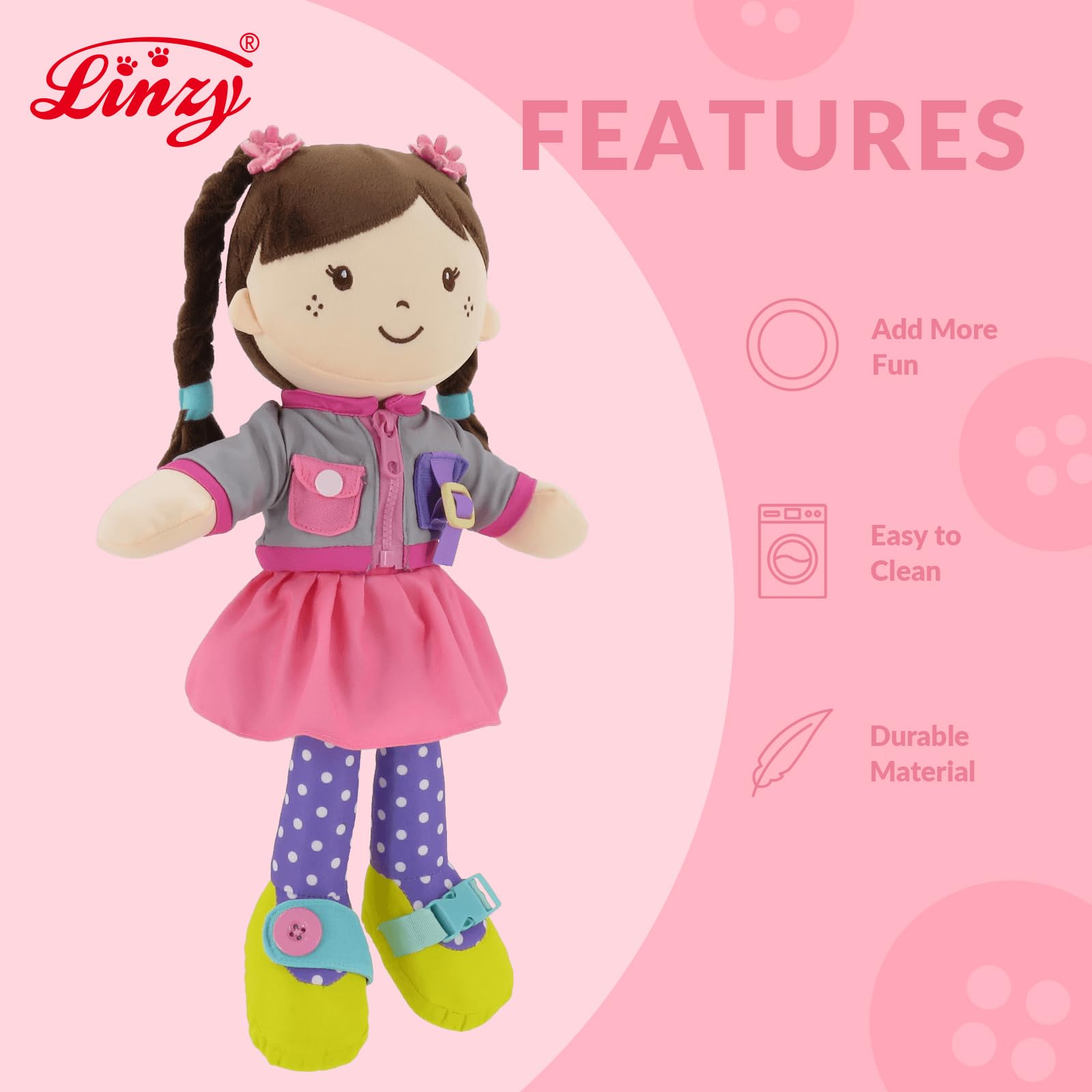Linzy 15" Learn to Dress Stuffed Doll with Grey Jacket, Educational Montessori Doll for Toddlers, Soft Buckle Toy Gifts for 2 Year Old Girls