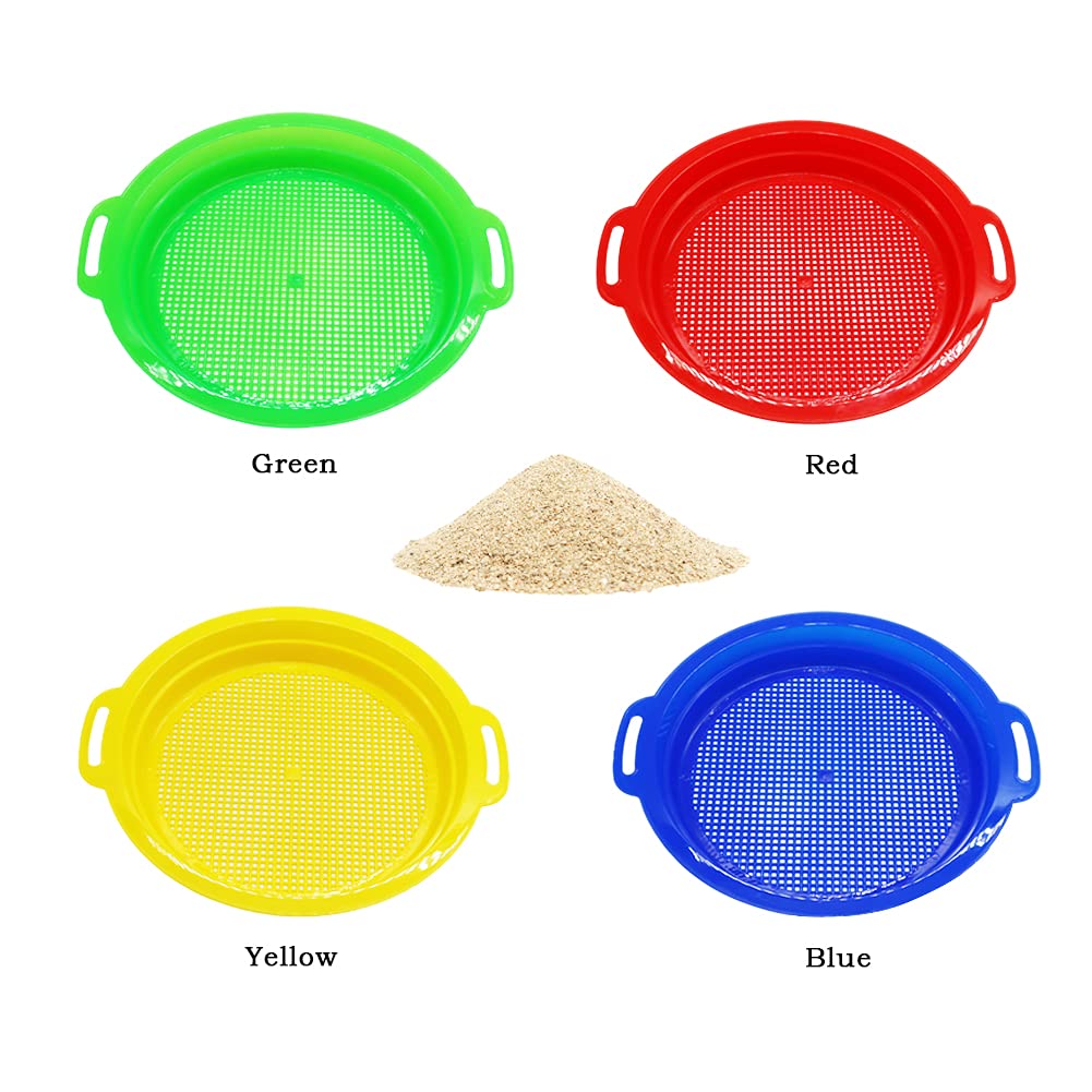OJYUDD 4 Pack Sand Sifter Sieves for Adults, Plastic Sand Sifting Pans for Beachcombing, Gardening, Gold Panning & Outdoor Exploration (Red, Blue