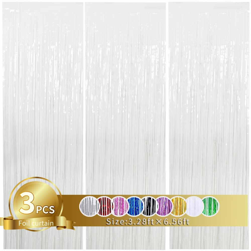 3Pcs White Metallic Tinsel Foil Fringe Curtains, 3.28ft x 6.56ft White Photo Booth Backdrop Streamer Curtain,Photo Booth Props, Bachelorette Party