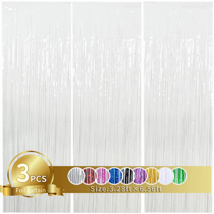 3Pcs White Metallic Tinsel Foil Fringe Curtains, 3.28ft x 6.56ft White Photo Booth Backdrop Streamer Curtain,Photo Booth Props, Bachelorette Party