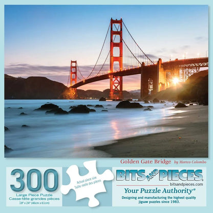 Bits and Pieces 300 Piece Puzzles for Adults - 300 Large Pieces 18" x 24" Jigsaw Puzzles Sunset Over The Golden Gate Bridge, Random Die Cut, No 2