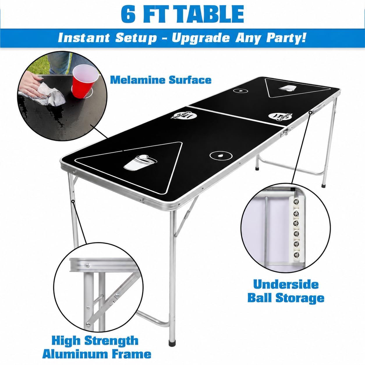 GoPong 6-Foot Cup Pong Table - Portable Folding Small Table for Party Games | Perfect for Indoor and Outdoor Games - Flip Cup Table with 6 Seamless