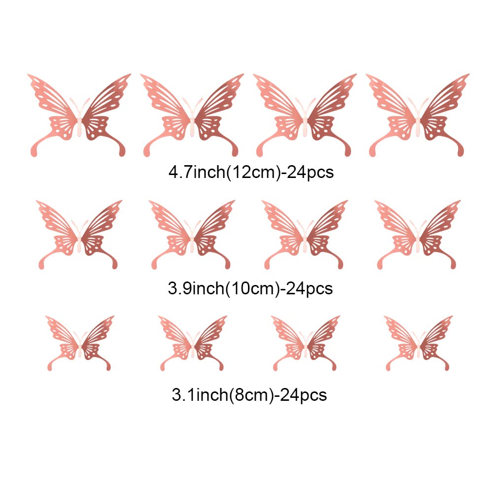 Pengcen 72 Pcs 3D Butterfly Wall Stickers 3 Sizes Removable Butterflies Sticker,Decoration Kids Bedroom and Wedding,Pattern C(Rose Gold)