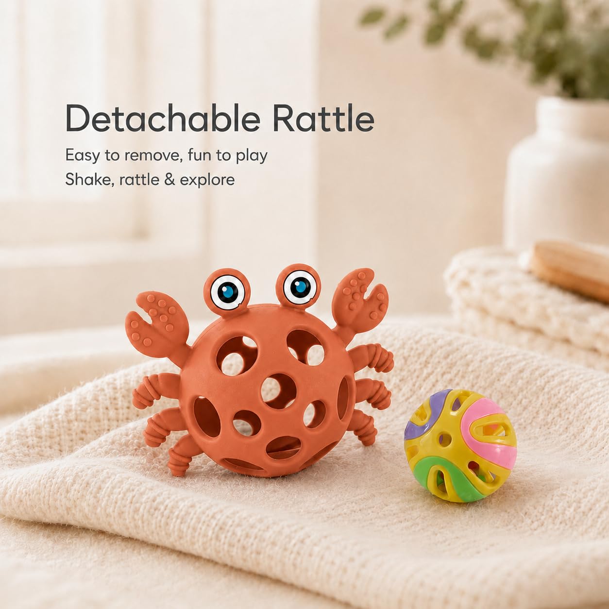 Baby Teething Rattle Toy, 2-in-1 Silicone Teether for Infants 3-12 Months, Easy-Grip Sensory Toy, BPA-Free Food-Grade Silicone