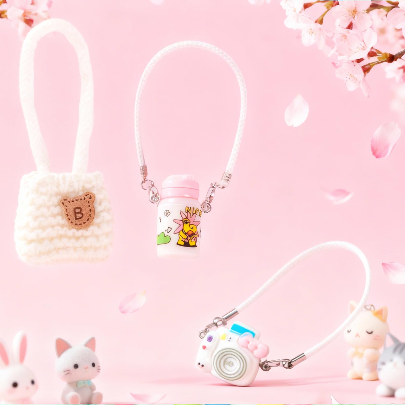CiuZikGok 3pcs Doll Accessories Set Included White Knitted Bag, Purple Camera Charm & White Water Charm Dress Up Accessories for 17cm Doll, Mini