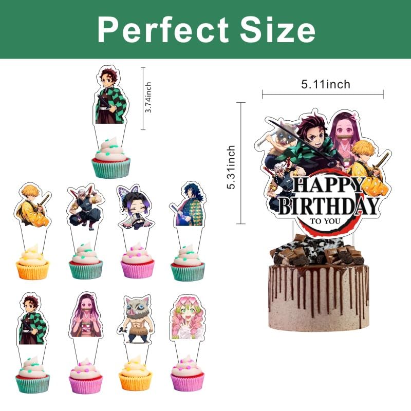 25pcs Demon Cake Decorations with 1pcs Cake Topper, 24pcs Cupcake Toppers for Slayer Birthday Party Supplies