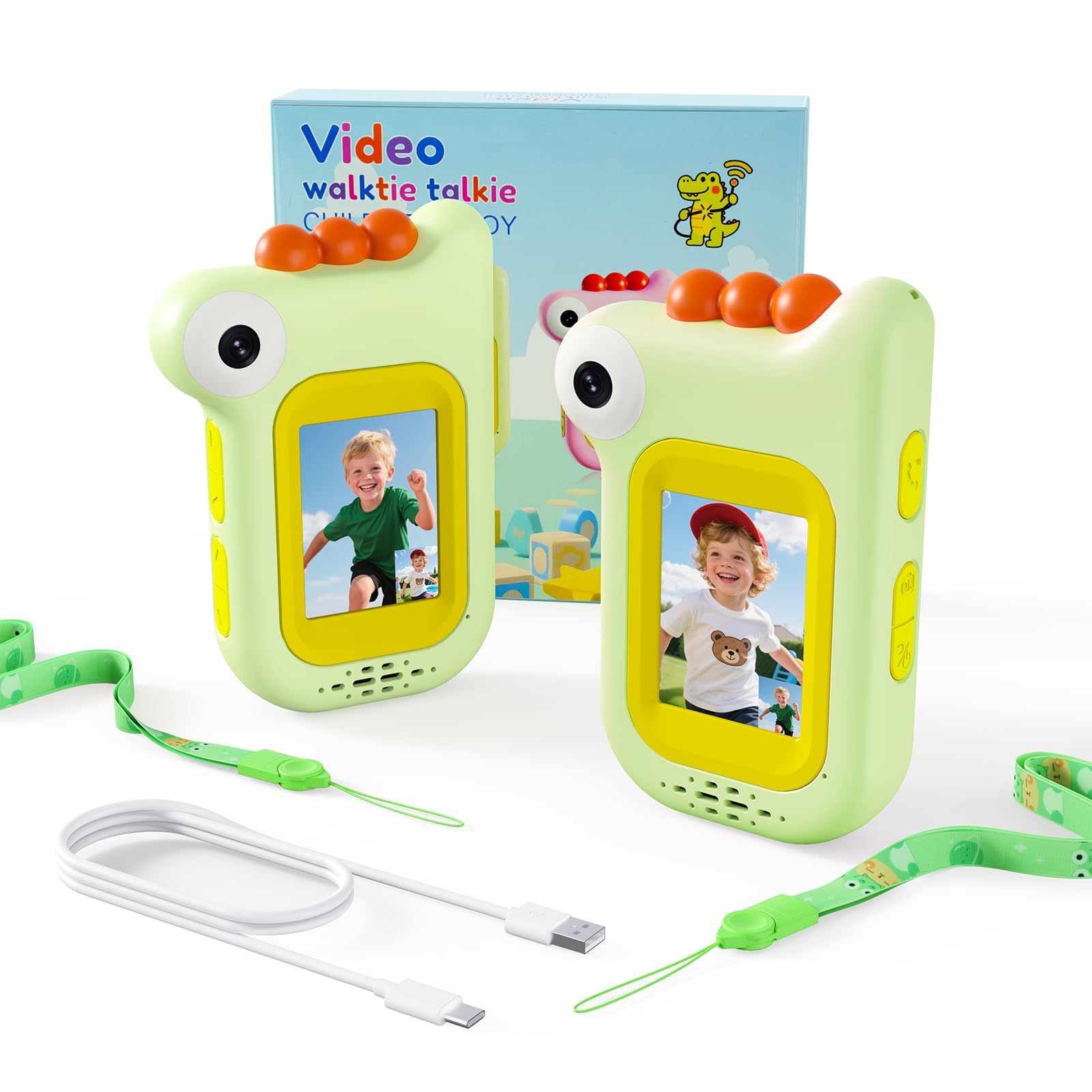 Dinosaur Video Walkie Talkies for Kids with 6 Voice Effects, Support Send Voice, Pictures, Emojis, and Selfies, Upgraded Front and Rear Cameras,Gifts