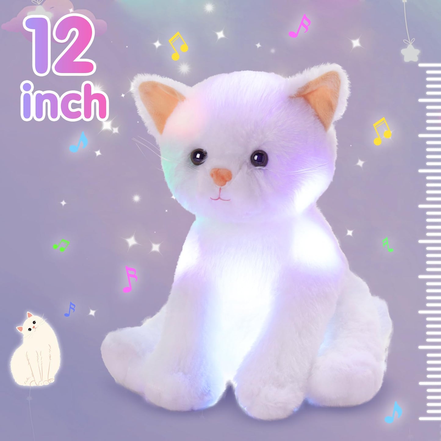 Houwsbaby 12'' White Musical Light Up Cat Stuffed Animal Kitty Plush Toy Singing LED Glowing Cat Plush Toy Christmas Festival Birthday Presents