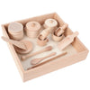Montessori Sensory Bin Tools Toy with Wooden Box for Toddlers, Pretend Play Dish Toys Wooden Bowls Scoop Tongs Transfer Work Pouring Set, Kids Fine