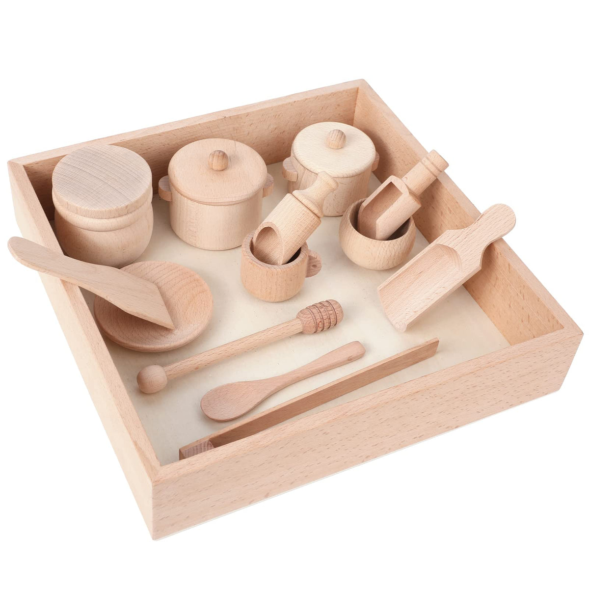 Montessori Sensory Bin Tools Toy with Wooden Box for Toddlers, Pretend Play Dish Toys Wooden Bowls Scoop Tongs Transfer Work Pouring Set, Kids Fine