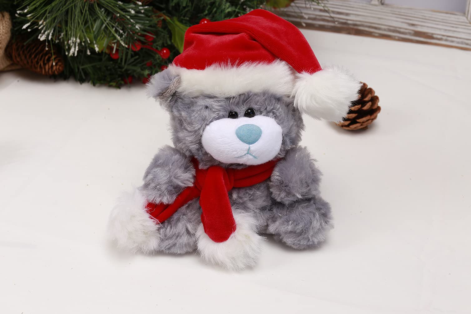 Plushland Adorable Soft and Hairy Santa Teddy Bear, Stuffed Animal -Holiday Toys - Xmas Party Favors for Kids (New Christmas Qbeba Bear Gray)
