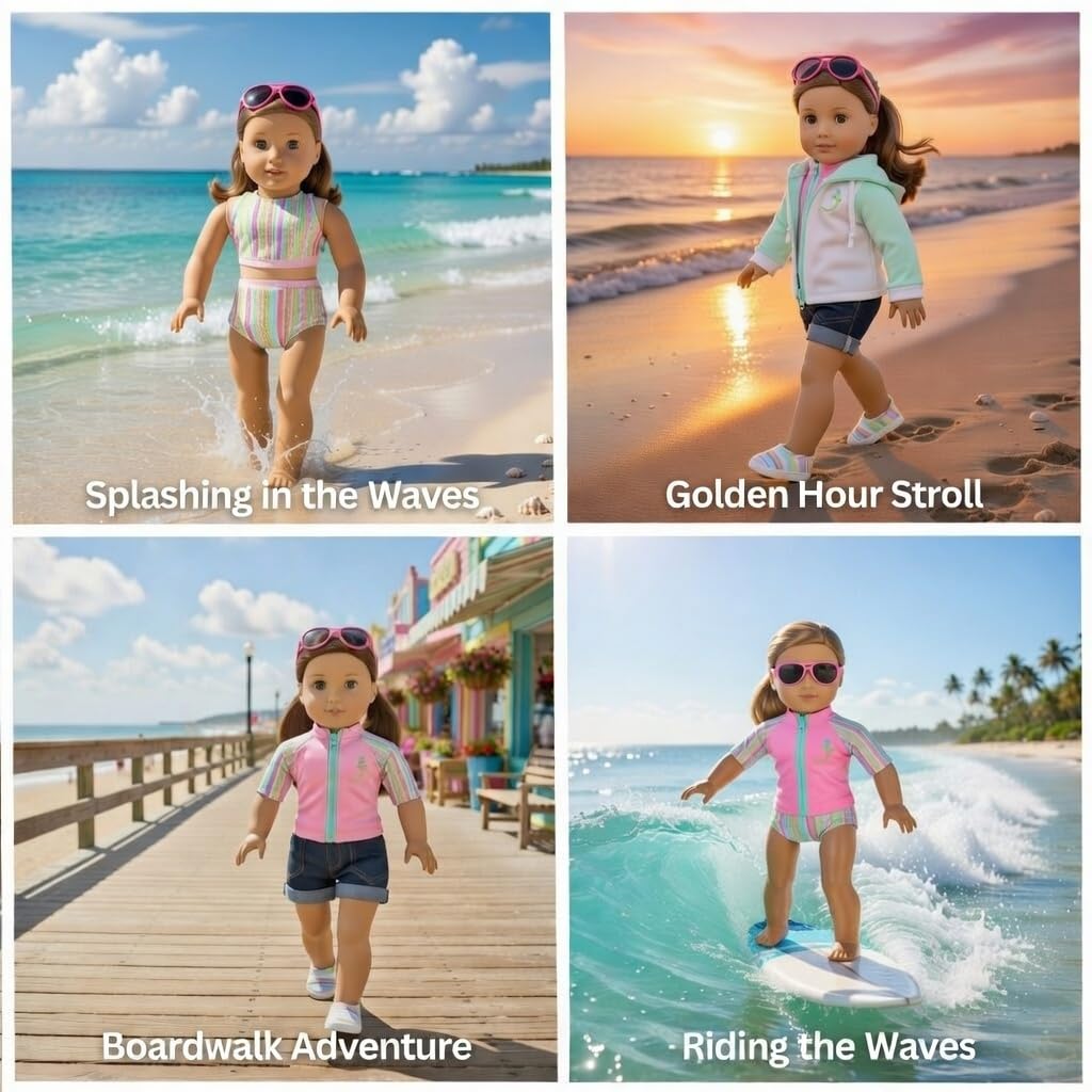 18 Inch Doll Swimsuit Set 7 Piece Beach Surfer Outfit - Emily Rose Rash Guard Denim Shorts Sunglasses Sandals - Doll NOT Included - Fits American Girl