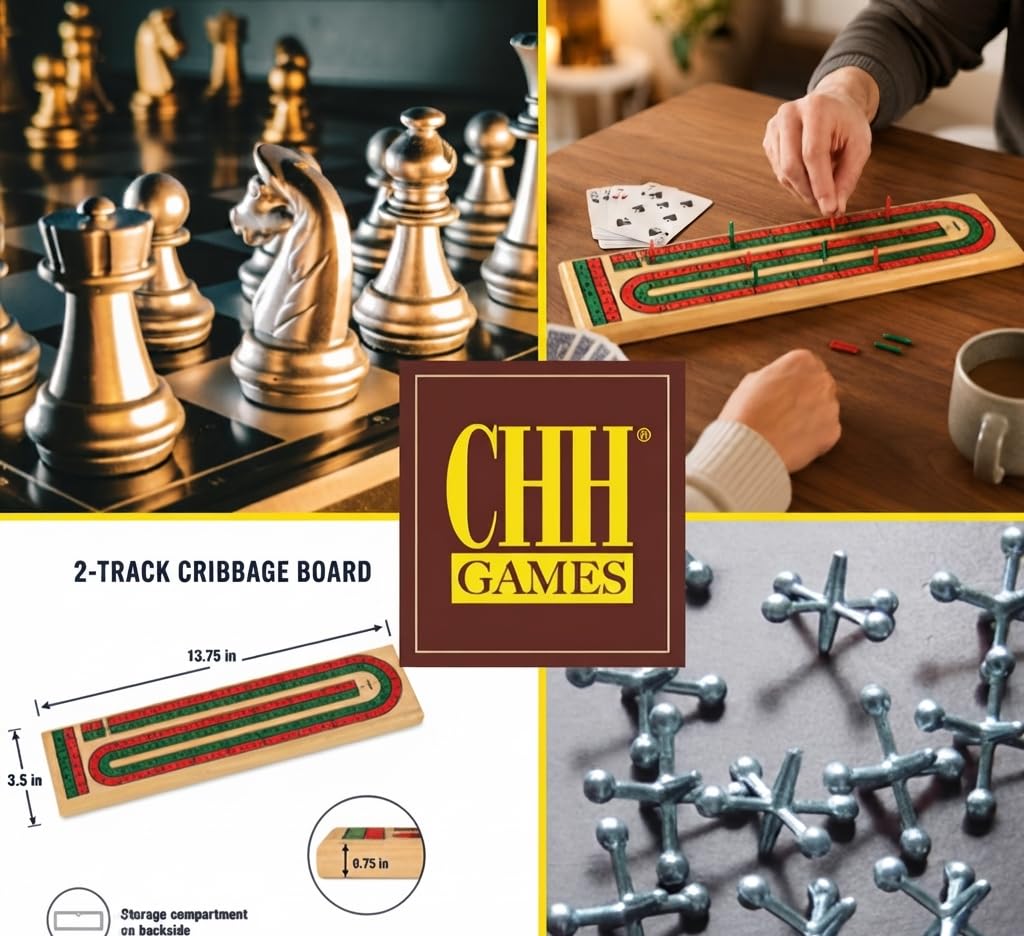 Wooden 2 Track Cribbage Board with 6 Matching Plastic Pegs, Classic Cribbage Game Board with Screen Printed Red and Green Tracks, Backside Peg