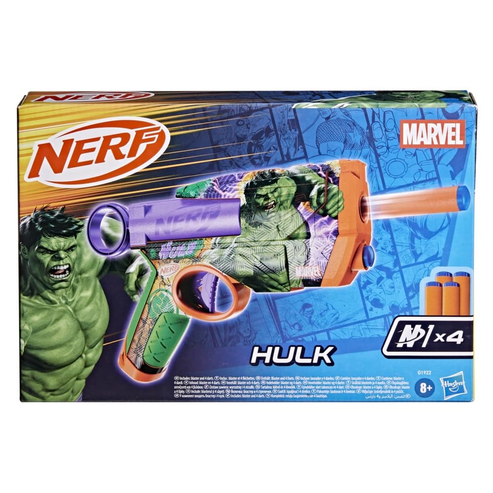 Nerf Marvel Hulk Dart Blaster | 4 Nerf N1 Foam Darts | Hulk-Inspired Blaster Skin Designs | Kids Gifts |Outdoor Toys & Games for Ages 8+ (Amazon