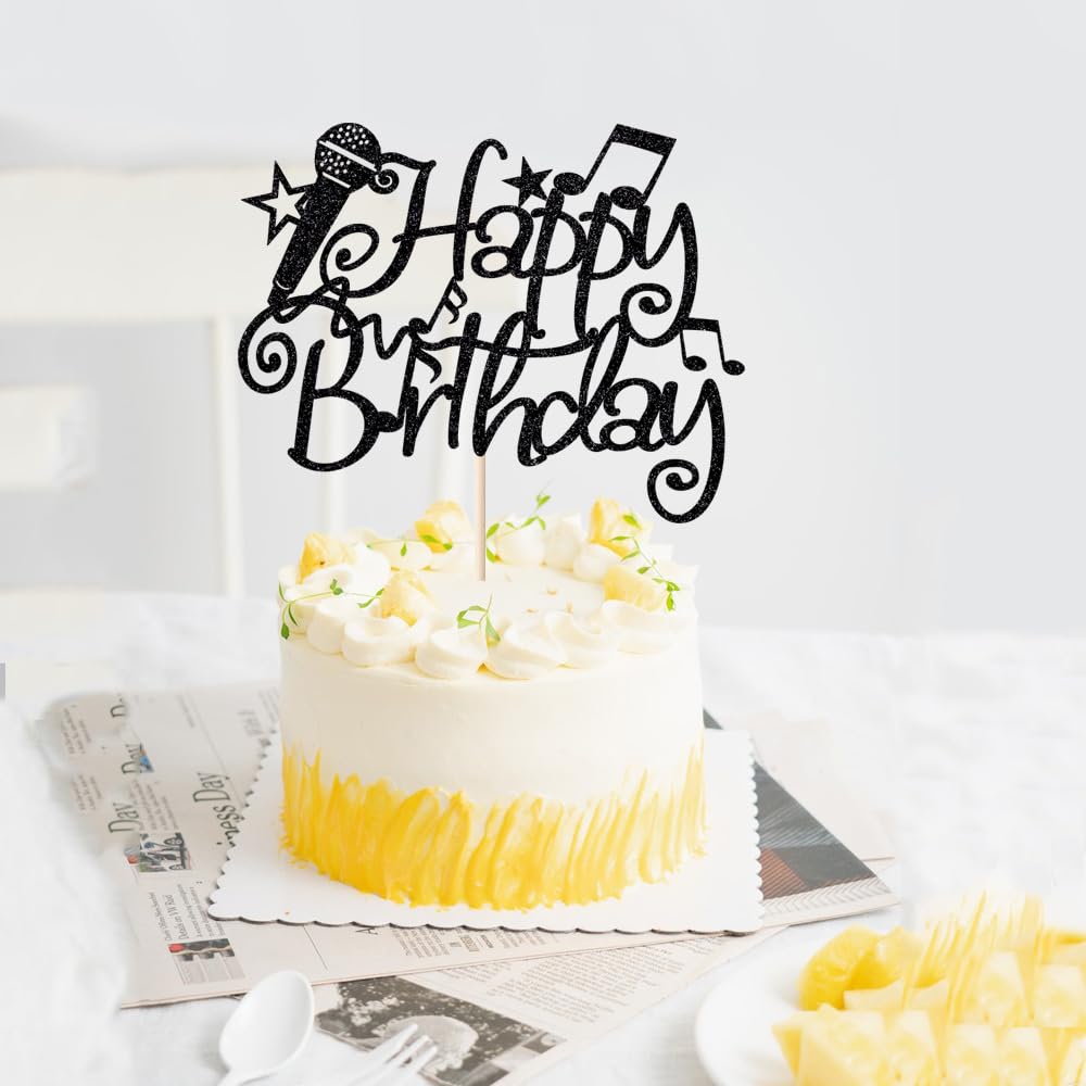Naicaek Black Glitter Microphone Happy Birthday Cake Topper