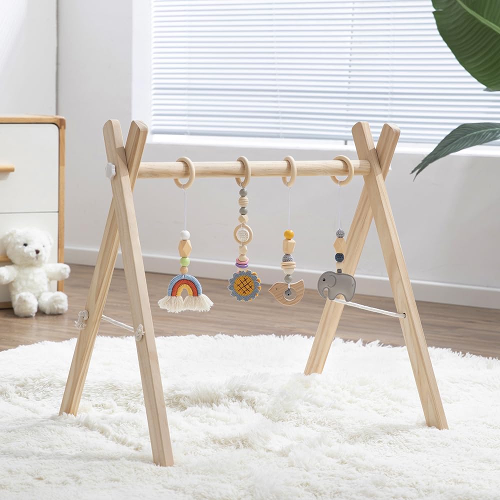 Toyking Foldable Wooden Baby Play Gym with 4 Sensory Hanging Toys, Montessori Infant Activity Frame for 0-12 Months