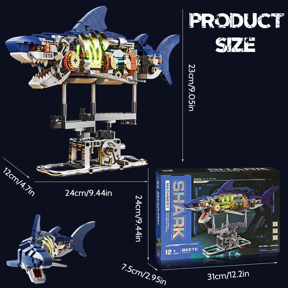 RyovSeno Mechanical Shark 687 PCS Building Set,Ideas Ocean Animal Building Block Toy with LED Lighting and Rotatable Link Components,Home Decor Gift