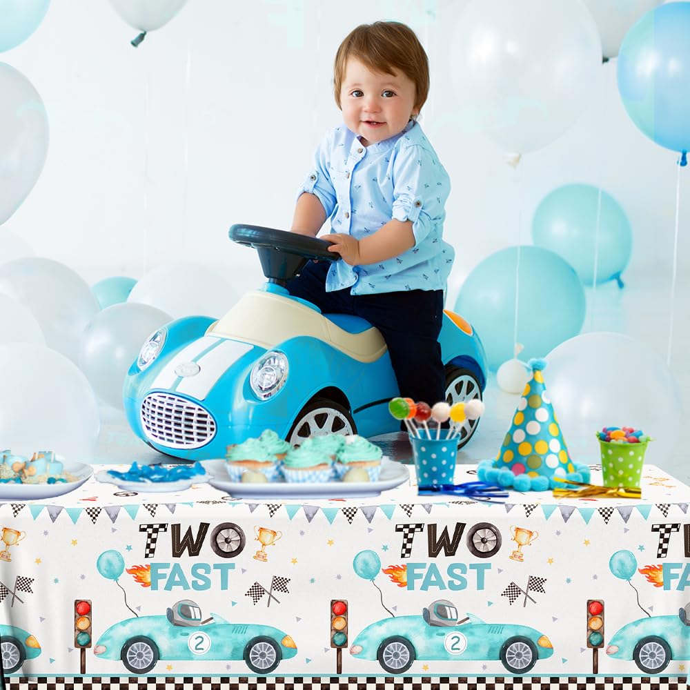 GREHUMOR 3Pcs Two Fast Race Car Birthday Tablecloth Decorations for Boys Blue Race Car Checkered Flags Table Cover Racing Wheel Plastic Rectangular