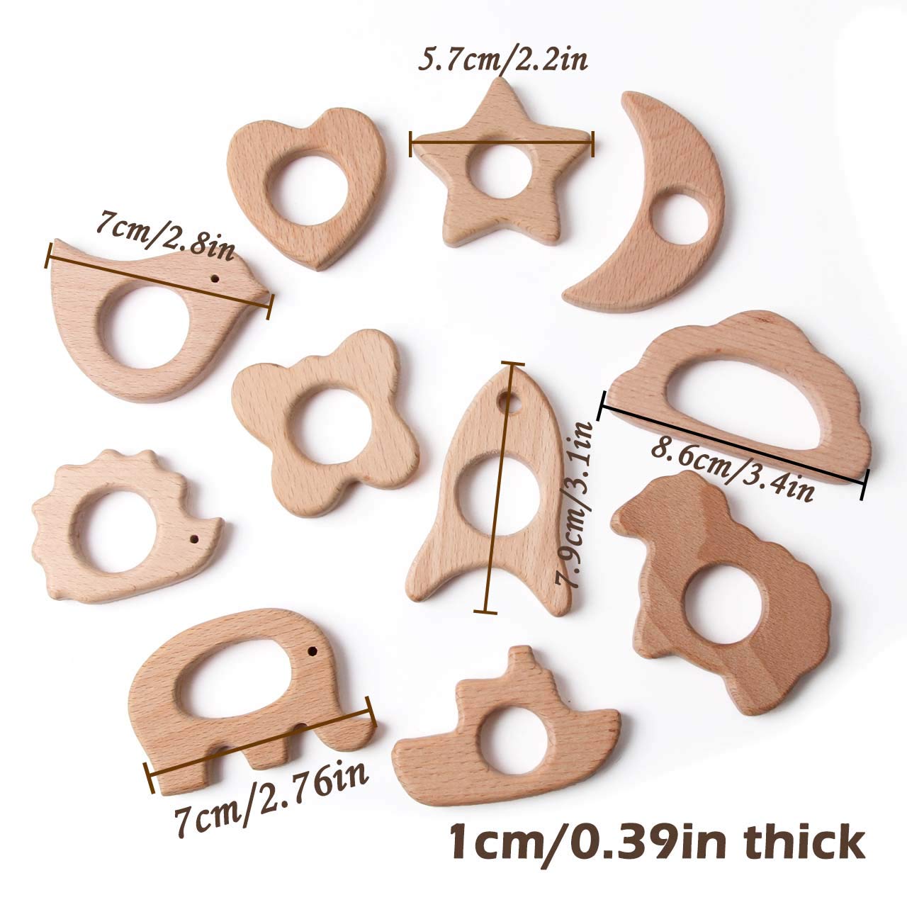 Wood Teethers for Babies DIY Necklace and Bangles Soothes Gum Pain Molar Teething Wood, Bird Elephant Sheep Moon Rocket Butterfly Star Heart Hedgehog