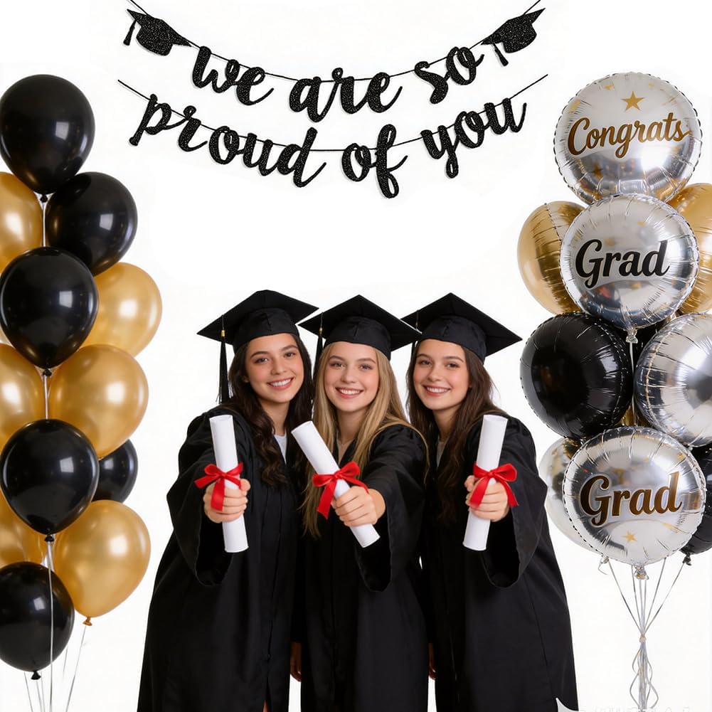 2026 Graduation Banners Party Decorations Black Glitter Grad Banner Garland