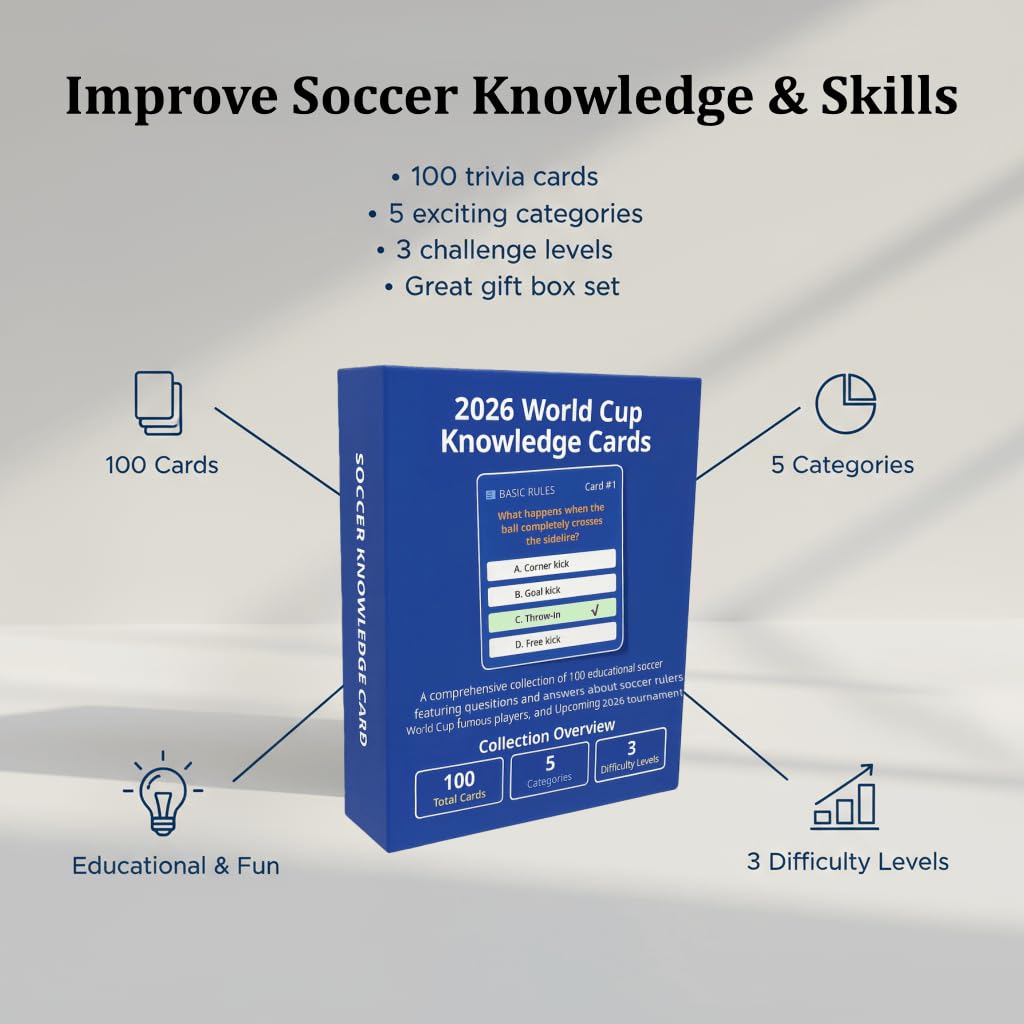 YXYOUNG 2026 World Cup Soccer Knowledge Trivia Card - 5 Categories, 3 Difficulty Levels, Soccer Quiz Flash Card Game with 100 Trivia Questions, Family