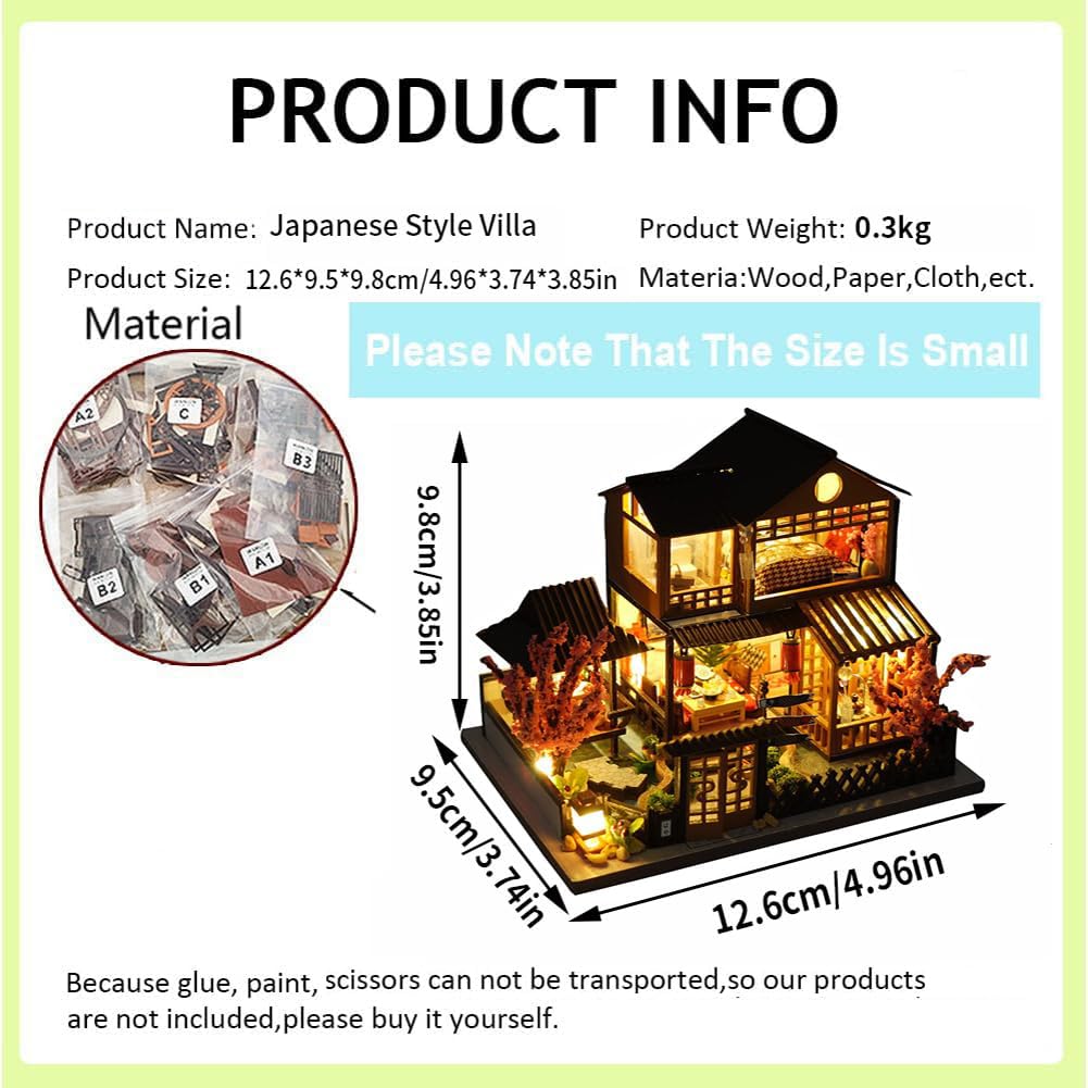 TOPBSFARNY Miniature Wooden Dollhouse Japanese Style Villa House DIY Doll House Kit Villa Building 3D Model Creative Gifts for Friend and Parents