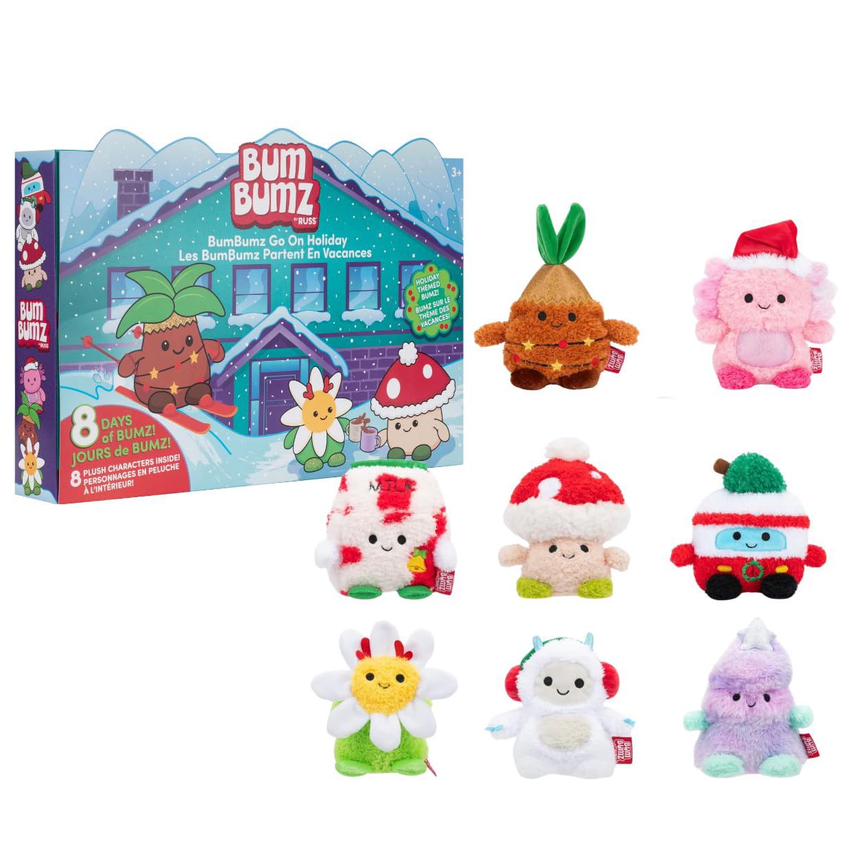 BumBumz 4.5-inch Holiday 8 Pack - Santa’s Milk Maxine, Festive Tree Tatiana, Daisy Flower Danielle, Van Vance, Yeti Yano, Palm Tree Pedro, Axolotl