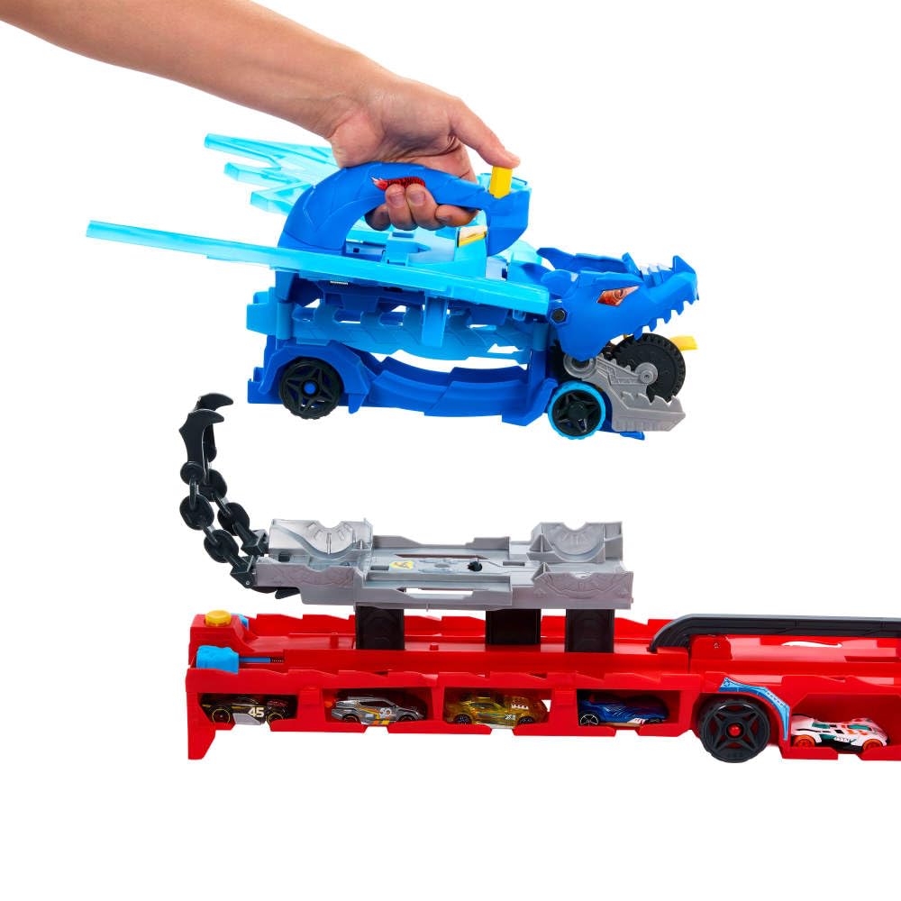 Hot Wheels City Toy Car Track Set, Ultimate Dual Dragon Transporter & 2 Die-Cast Cars, Large-Scale & Detachable Dragon, Stores 20+ Vehicles