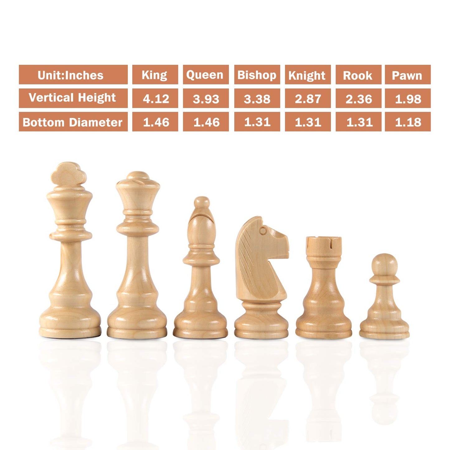 AMEROUS Chess Pieces Only, Wooden Hand Carved Tournament Chessmen with 4.12" Inches King, 2 Storage Bags for Chess Board Game, Replacement of Missing