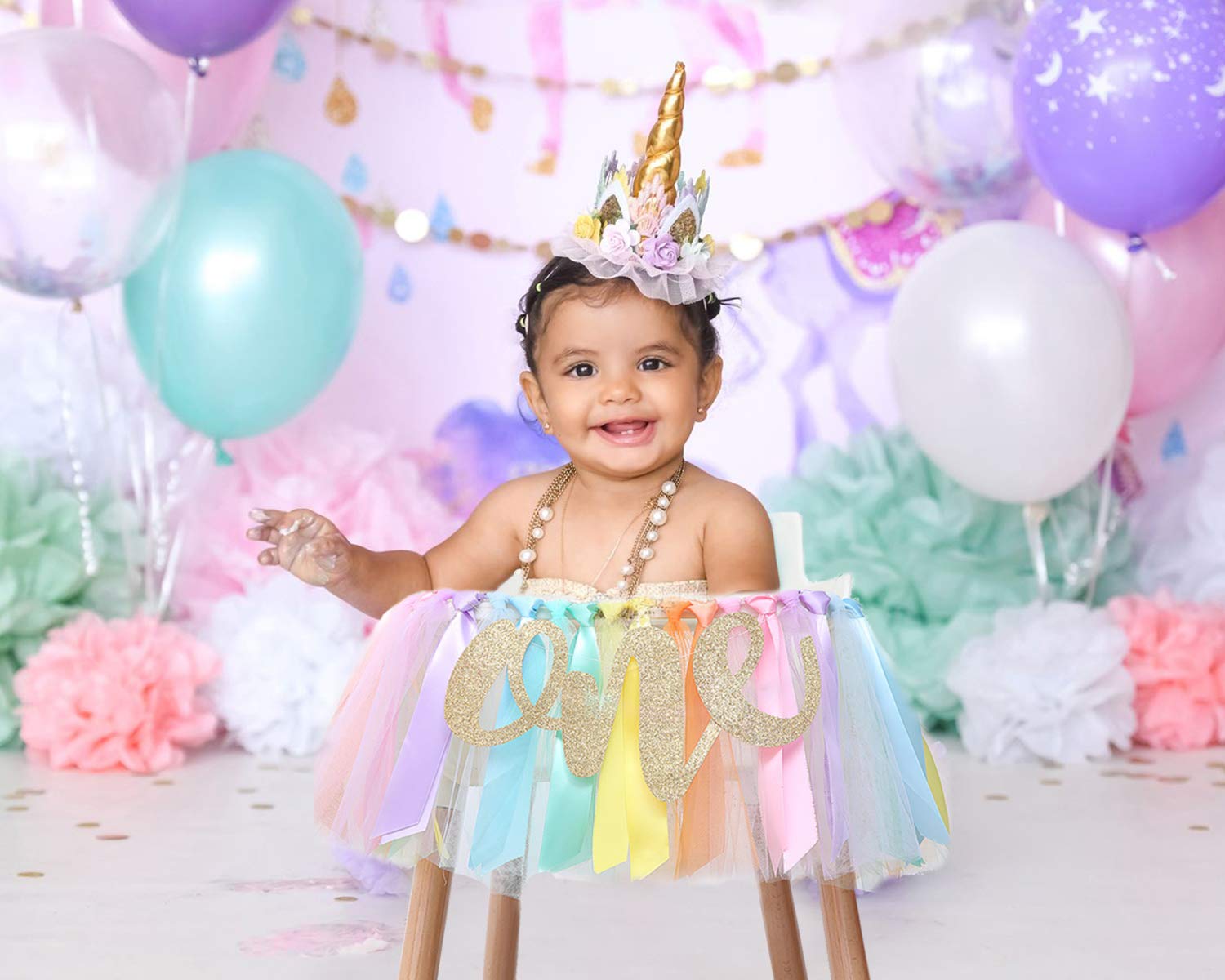 Pastel Rainbow High Chair Banner for 1st Birthday - Party Supplies with Tutu Skirt and Pennant