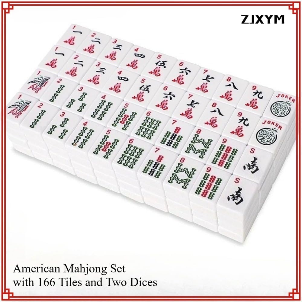 ZJXYM American Mahjong Tile Set, 166 White Tiles with Two Dices, Mahjong Tile Game for Four Players, (1.2’’x0.9’’x0.51’’)