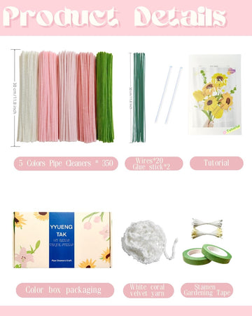 YYUENGTAK 350 Pcs Pink Pipe Cleaners Flower kit with tutoria,Fluffy Yarn,Green Floral Wires,Gardening Tape,Stamen(2 Colors)?Pipe Cleaners