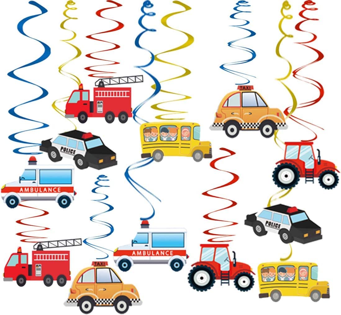 Transportation Party Hanging Swirl Decorations - 30Ct Cars Theme Happy Birthday Banner Garland for Transportation Themed Birthday Baby Shower Party