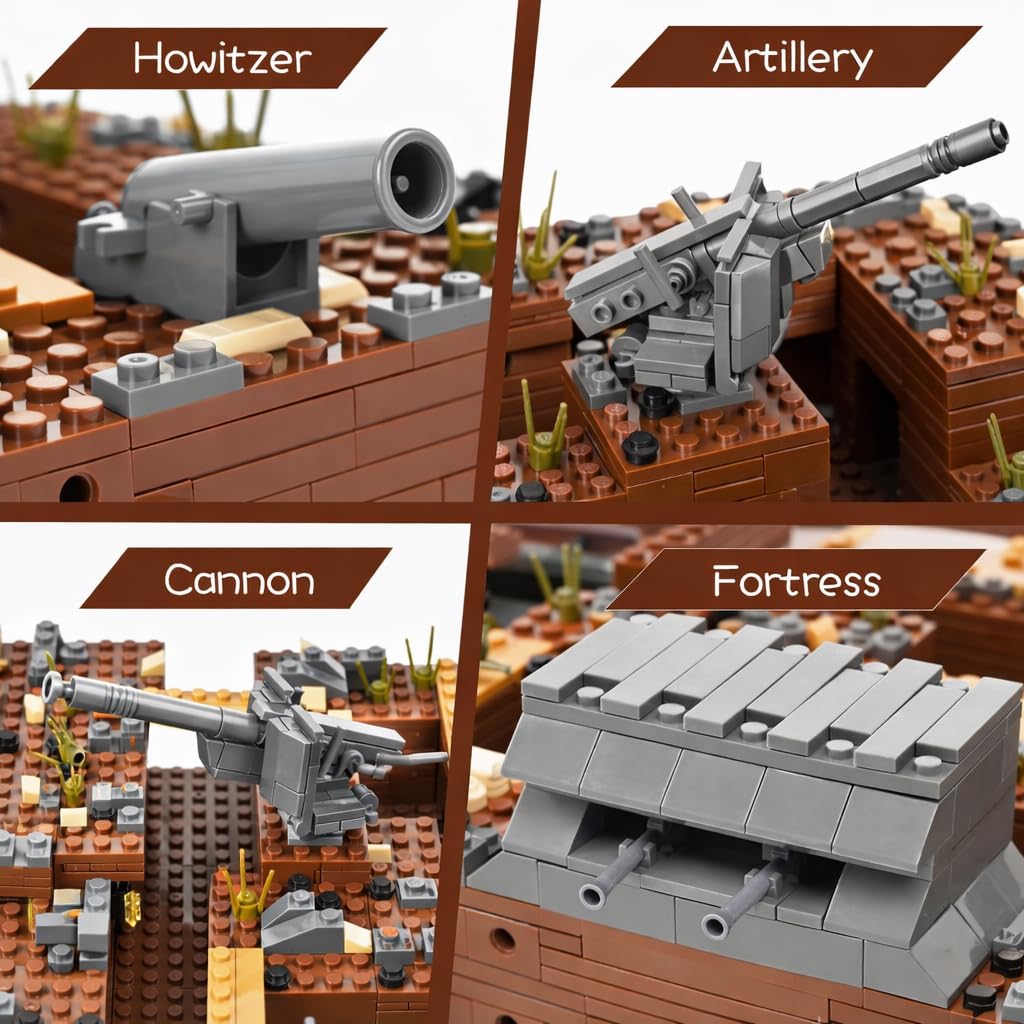 WW2 Military Trench Fortress Building Set?1350 pcs?Military Bunker Model Kit with Medical Room, Armory, Anti-Aircraft Gun&Ground Fortress