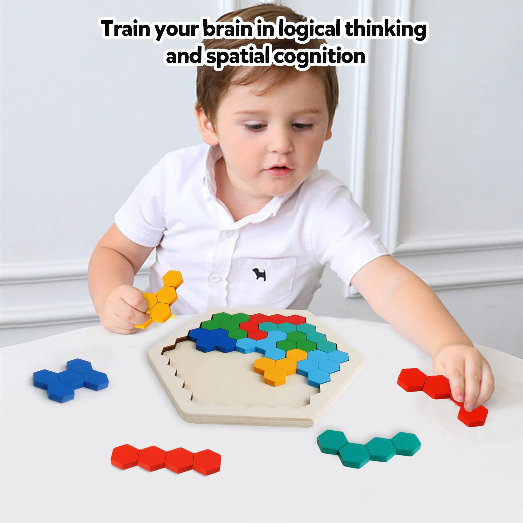 Skrtuan Wooden Blocks Puzzle for Kid Adults Brain Teaser Hexagon Puzzles Games Toy Shape Pattern Block Tangram Geometry Logic IQ STEM Montessori