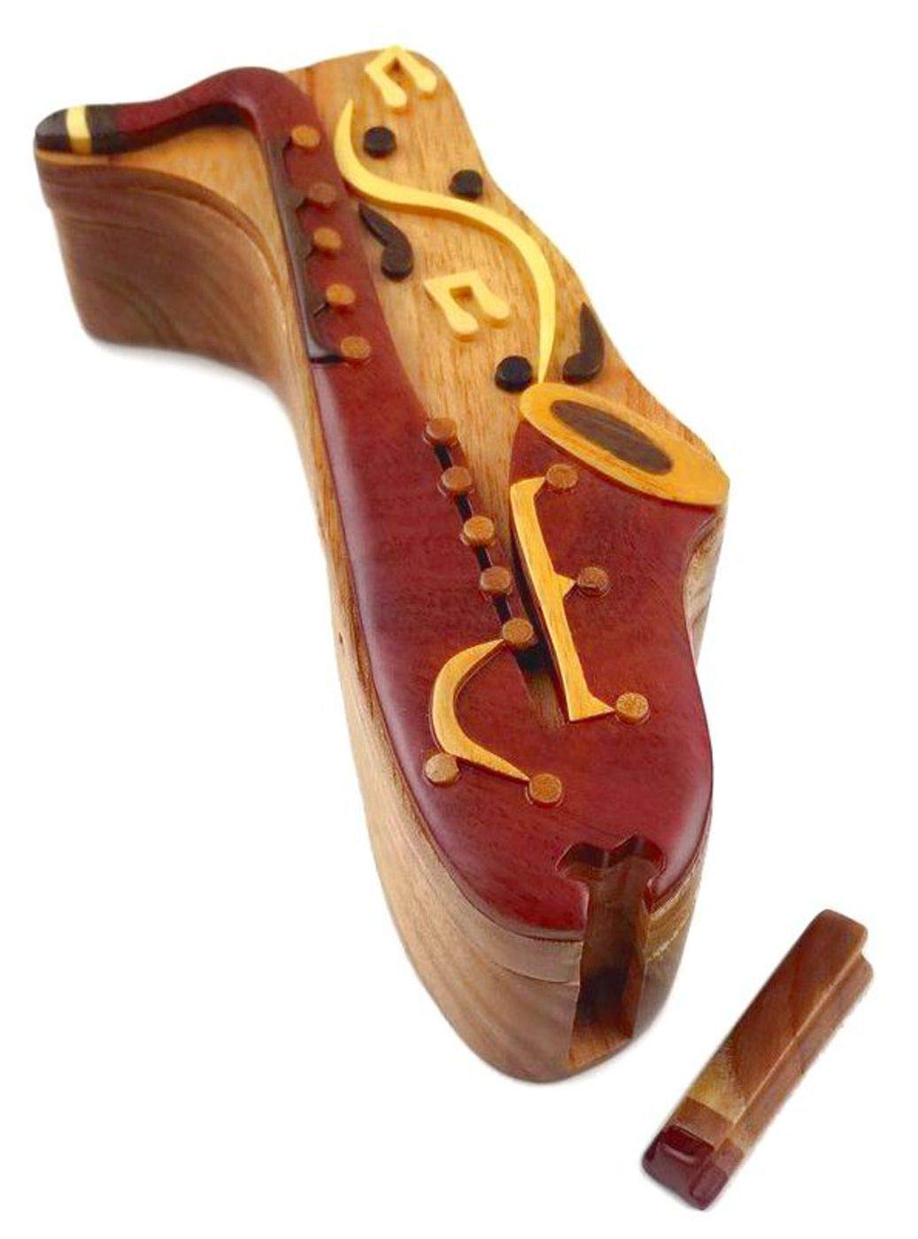 Saxophone with Musical Notes All Natural Exotic Woods Puzzle Box, 7 x 3.5 x 2 with Sliding Wooden Magnetic Key Lock, Sliding Cover and Inner Lid