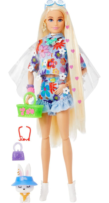 Barbie Extra Doll and Accessories with Extra-Long Blonde Hair Wearing Floral Outfit & Poncho with Pet Bunny