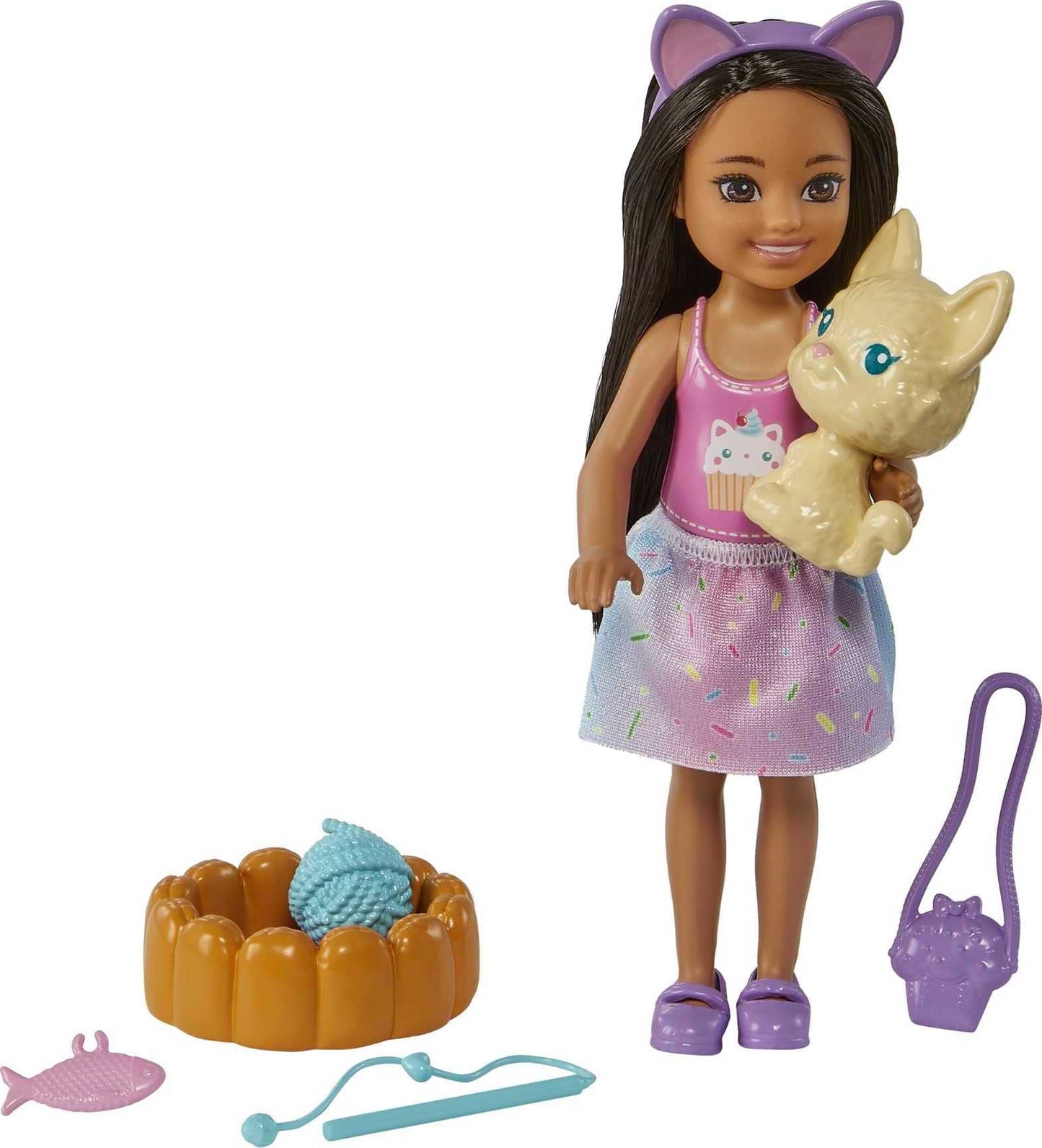 Barbie Chelsea Doll & Pet Playset with 5 Accessories, Brunette Small Doll Wearing Removable Skirt with Kitten, Pet Bed & More