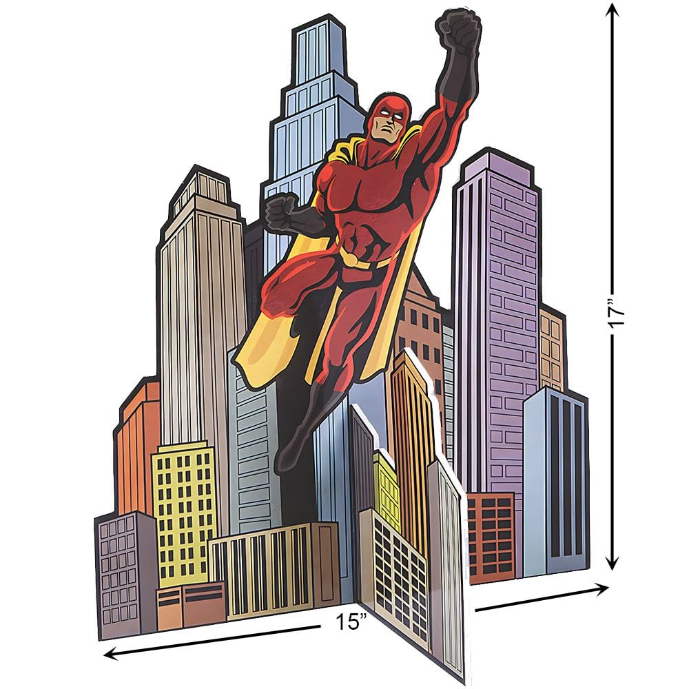 Fun Express 3D Comic Superhero Centerpiece - 17" Tall Birthday Party Decor for Superhero Theme, Perfect for Celebrations and Events
