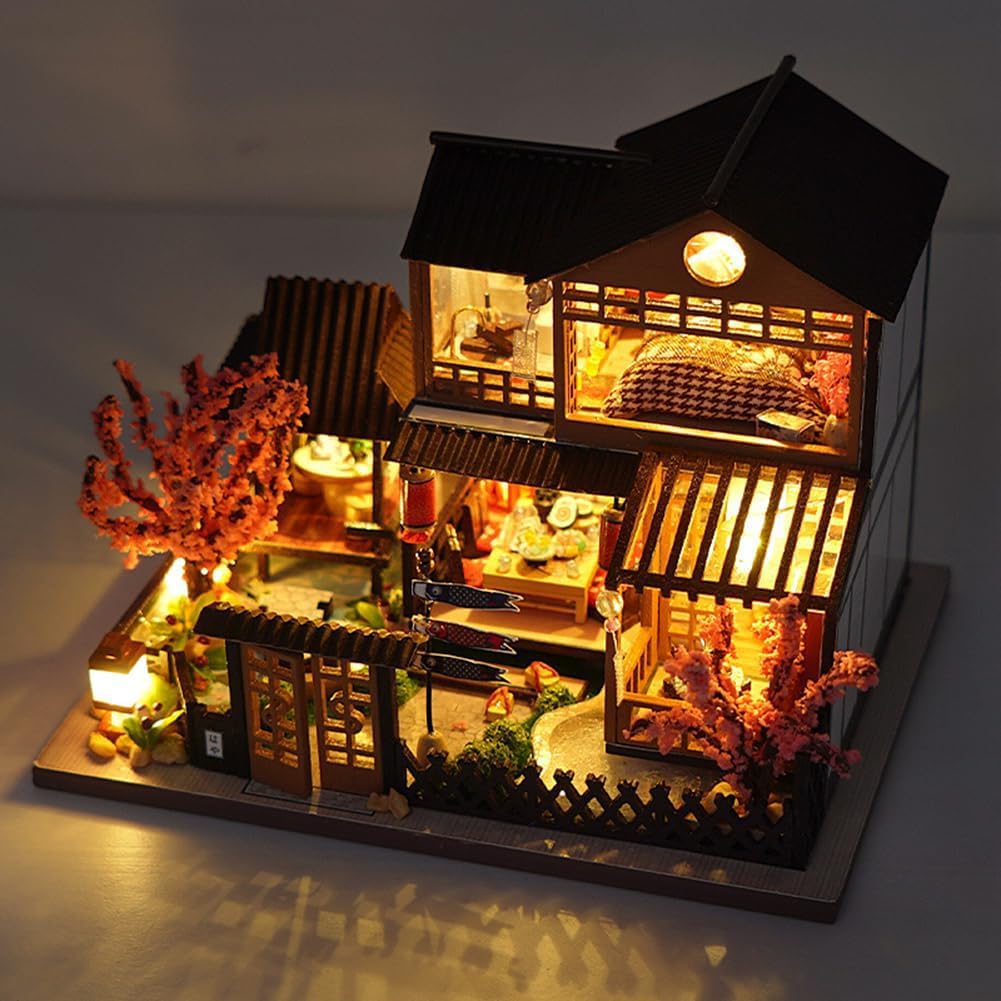 TOPBSFARNY Miniature Wooden Dollhouse Japanese Style Villa House DIY Doll House Kit Villa Building 3D Model Creative Gifts for Friend and Parents