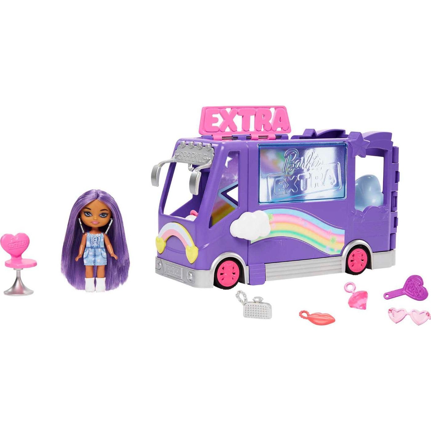 Barbie Extra Mini Minis Doll & Toy Vehicle Playset, Expandable Tour Bus with 3.25-inch Small Doll, Clothes & Accessories