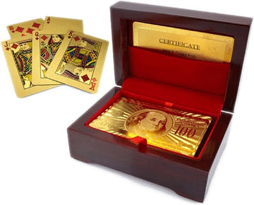 Luxury 24K Gold Foil Poker Playing Cards： Poker Gifts with Wooden Box Waterproof Metal Playing Deck of Cards for Men Party -Camping - Birthday