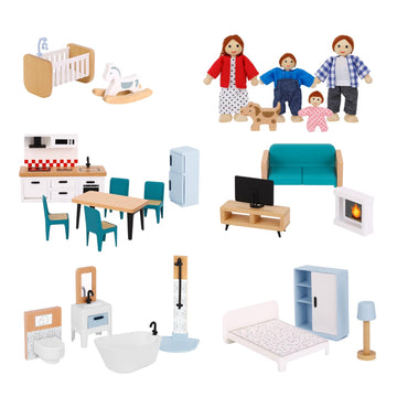 OOOK Wooden Dollhouse Furniture Set for Kids, 26 Pcs Dollhouse Accessories with 4 Family Dolls and Dog, Miniature Doll House Furniture Toys Pretend