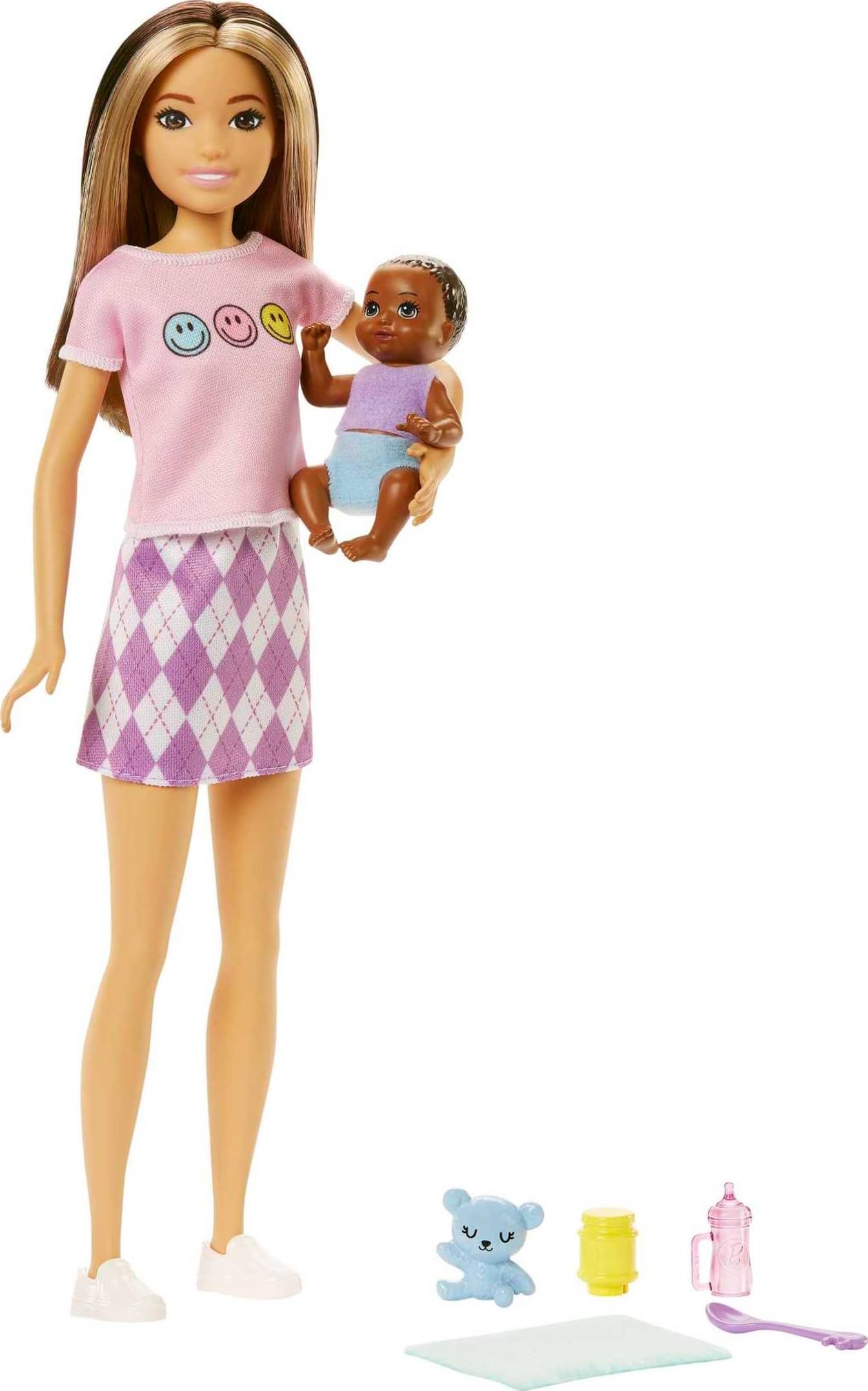 Barbie Dolls and Accessories, Skipper Doll (Two-Tone Hair) with Baby Figure and 5 Accessories, Babysitters Inc. Playset