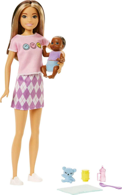 Barbie Dolls and Accessories, Skipper Doll (Two-Tone Hair) with Baby Figure and 5 Accessories, Babysitters Inc. Playset